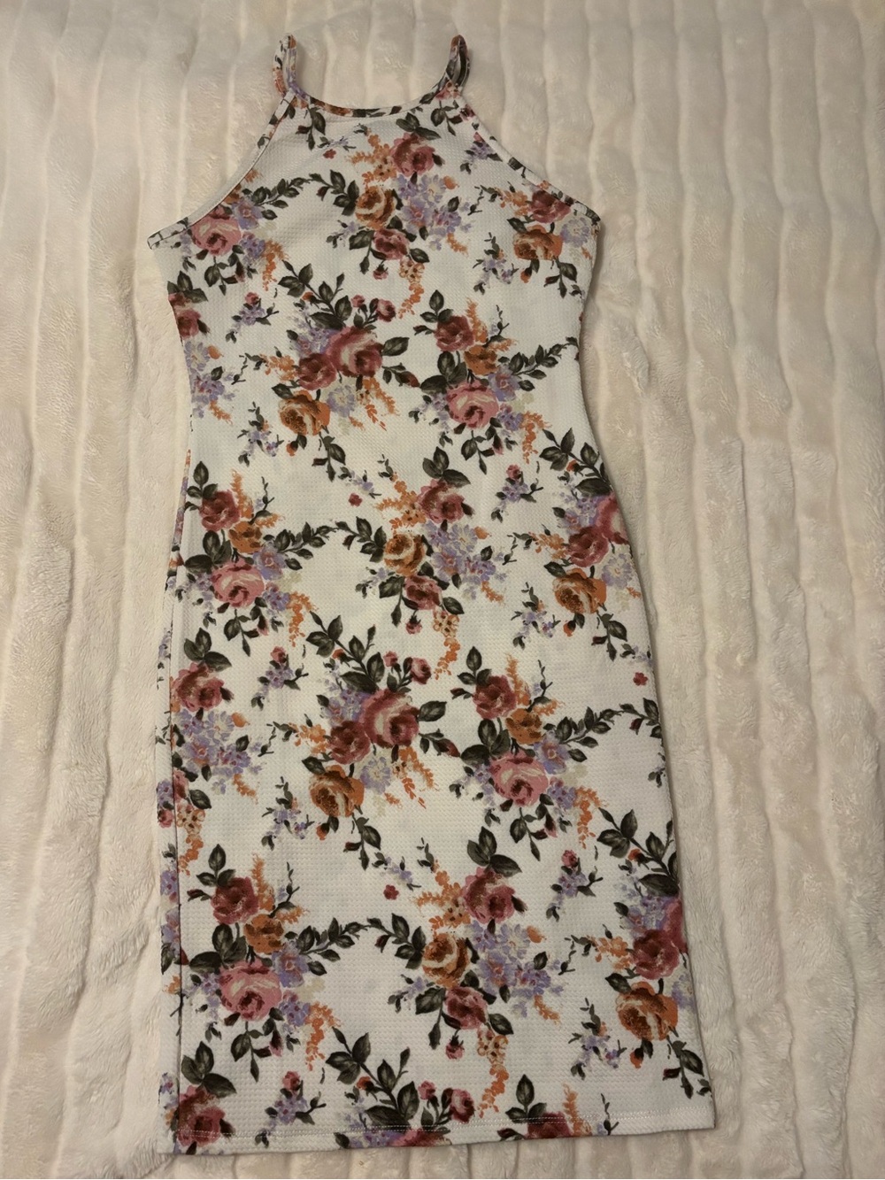 iris White Halter Midi Dress with Pink, Green & Gold Floral Print